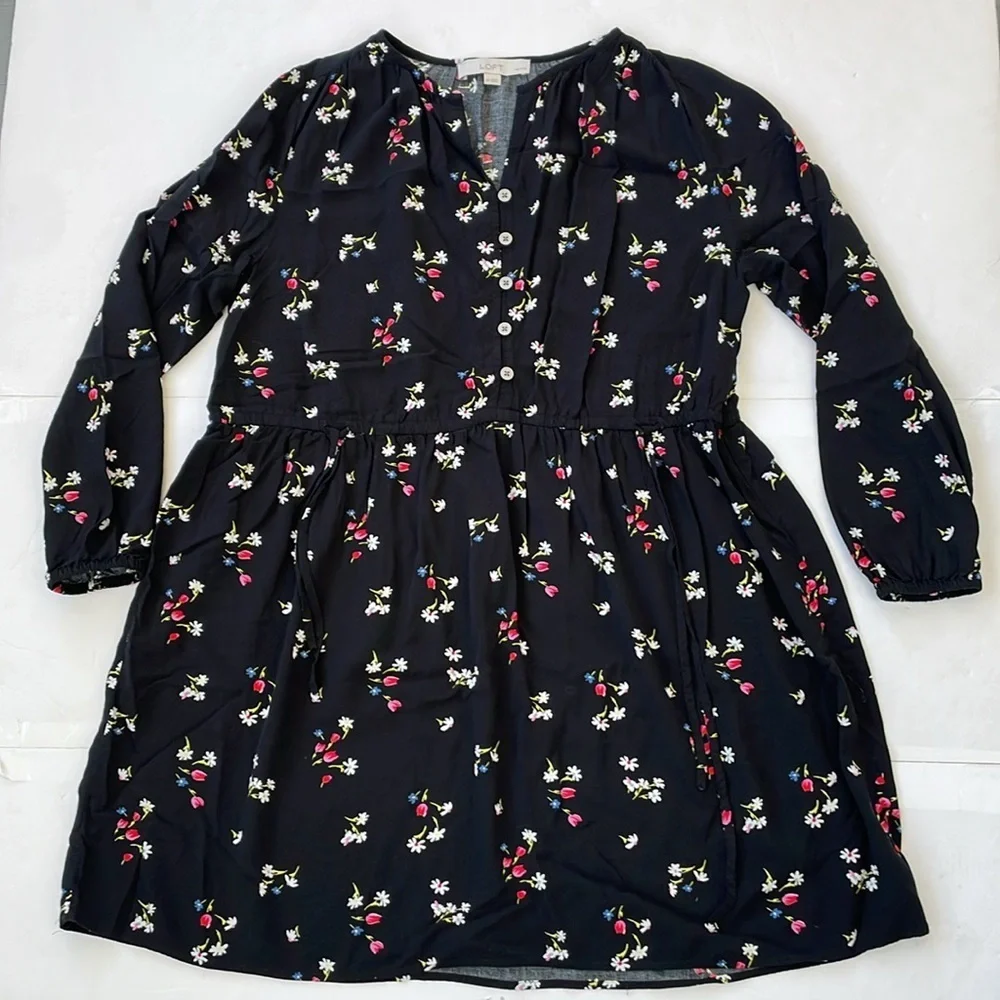 LOFT Black Casual Floral Side Tie Sundress Long Sleeves Medium Petite